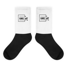 Load image into Gallery viewer, K.O. Basic logo socks with black cushioned bottom and white ribbed leg portion. Crew length.