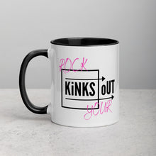 Load image into Gallery viewer, Black and pink slogan Rock Your KiNKS oUT ceramic mug. White outside and black inside, handle and rim.