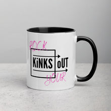Load image into Gallery viewer, Black and pink slogan Rock Your KiNKS oUT ceramic mug. White outside and black inside, handle and rim.