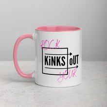 Load image into Gallery viewer, Black and pink slogan Rock Your KiNKS oUT ceramic mug. White outside and light pink inside, handle and rim.