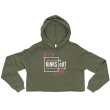 Load image into Gallery viewer, Military green cropped hoodie with white and pink RYKO logo. Raw cropped hem and drawstrings.