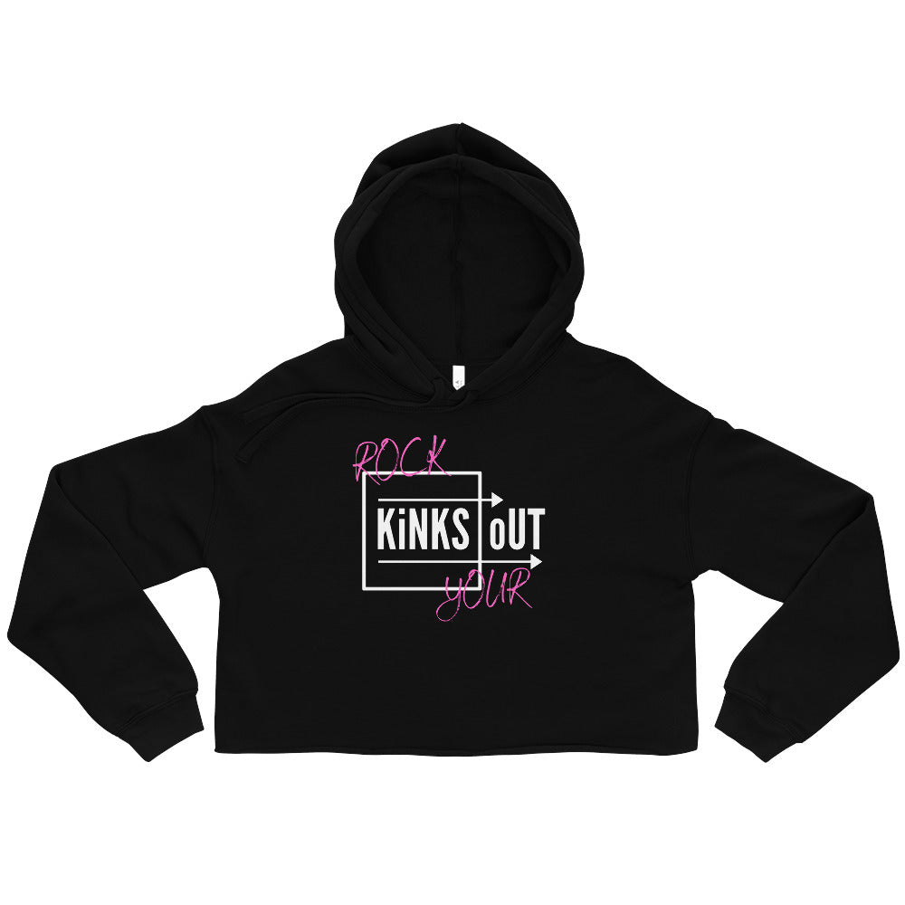 Black cropped hoodie with white and pink RYKO logo. Raw cropped hem and drawstrings.